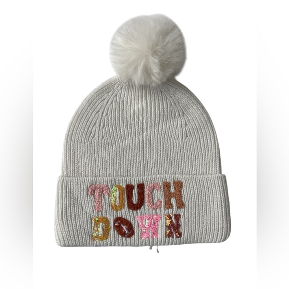 Beanie Cap With Pom Pom Ivory Knit Game Day Touch Down Football One Size NWT